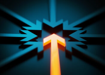 Arrow symbols merging on dark blue background. One of the arrows is orange in color