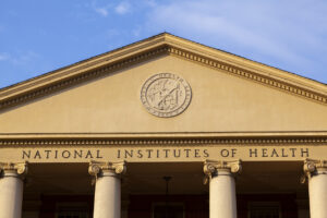 Exterior view of the main historic building (Building 1) of National Institutes of Health (NIH) inside Bethesda campus.