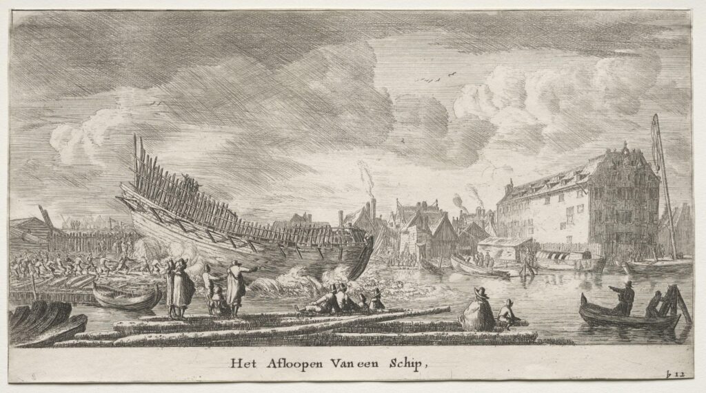Image of a wooden ship being launched into the water