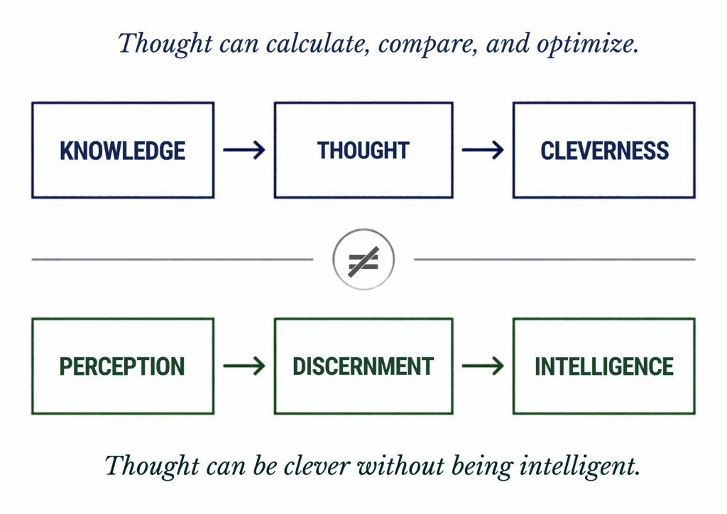 Diagram contrasting thought and intelligence. Top row, left to right: Knowledge, an arrow to Thought, an arrow to Cleverness, captioned 'Thought can calculate, compare, and optimize.' A not-equal sign separates the two rows. Bottom row, left to right: Perception, an arrow to Discernment, an arrow to Intelligence, captioned 'Thought can be clever without being intelligent.