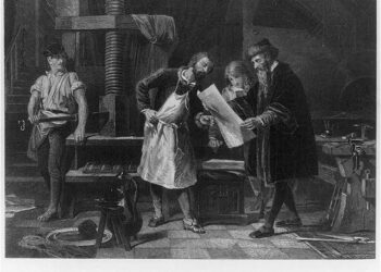 Decorative image representing Gutenberg's invention of the printing press