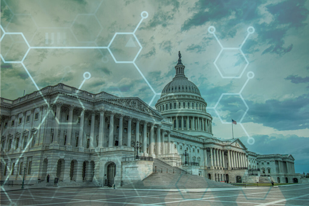 Image of the US Capitol building, overlaid with molecular structure diagrams.