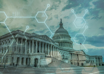 Image of the US Capitol building, overlaid with molecular structure diagrams.