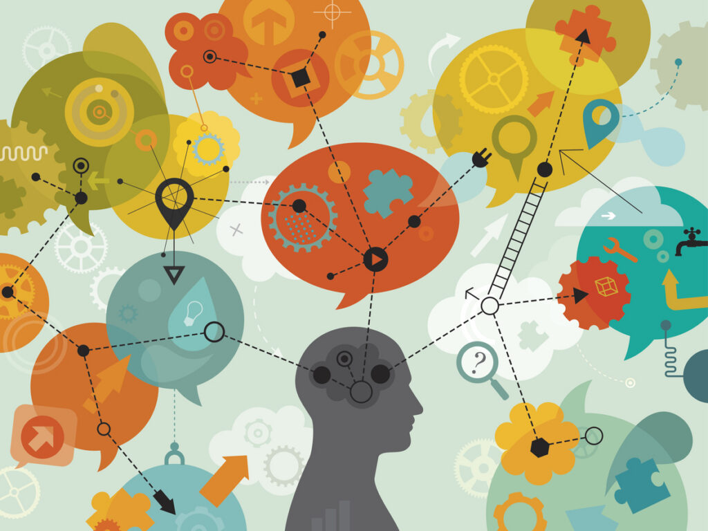 Decorative image: Abstract vector illustration is showing a person which is using a diagram to visually represent cognition and organizing information. 