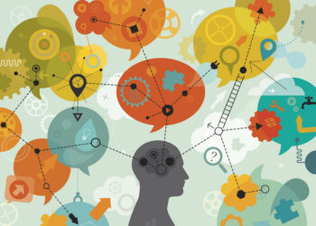 Decorative image: Abstract vector illustration is showing a person which is using a diagram to visually represent cognition and organizing information.