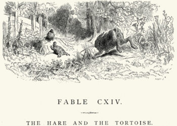 Vintage engraving from La Fontaine's Fables, Illustraed by Gustave Dore. The Hare and the Tortoise