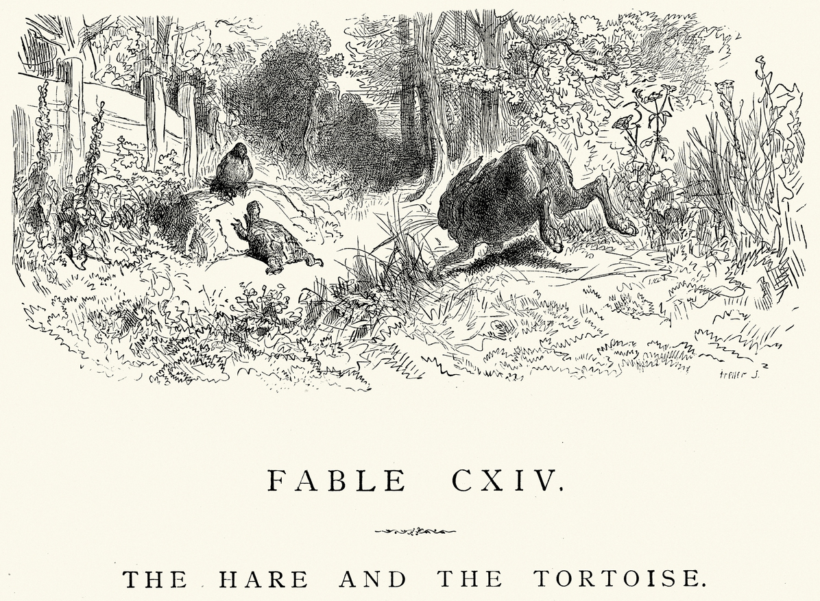 Vintage engraving from La Fontaine's Fables, Illustraed by Gustave Dore. The Hare and the Tortoise